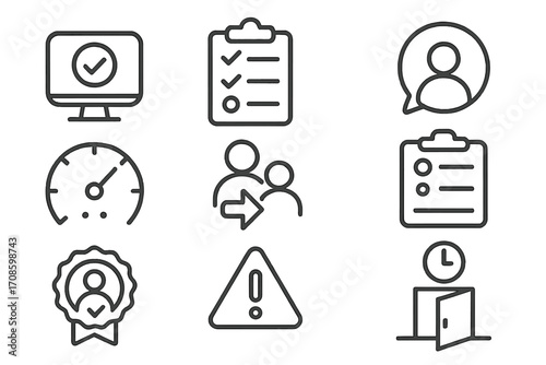 Attendance Line Icons. Line style icons of attendance and participation: login checkmark, attendance list, profile bubble,