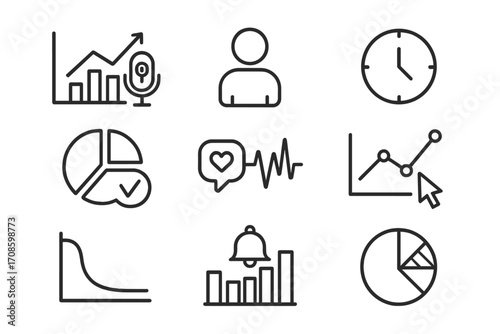 Podcast Analytics Icons. Line style icons of podcast analytics: episode reach chart, listener count, average time icon, completion