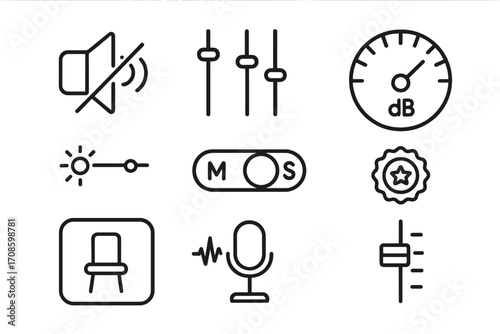 Sound Tool Icons. Line style icons of sound quality tools: noise reduction icon, EQ panel, volume meter, clarity slider,