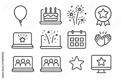 Virtual Celebration Icons. Line style icons of virtual celebrations: birthday balloon, digital cake icon, achievement fireworks,