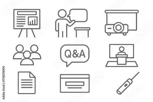 Academic Presentation Icons. Line style icons of academic presentation formats: research poster, oral presentation icon, slide