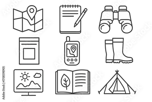 Fieldwork Equipment Icons. Line style icons of fieldwork activities: map with marker, outdoor notebook, binoculars, sample