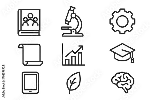 Thesis Topic Icons. Line style icons of common thesis topics: social science book, science microscope, engineering gear,