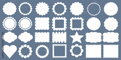 Collection of diverse white decorative frames and borders with scalloped edges on a solid blue background