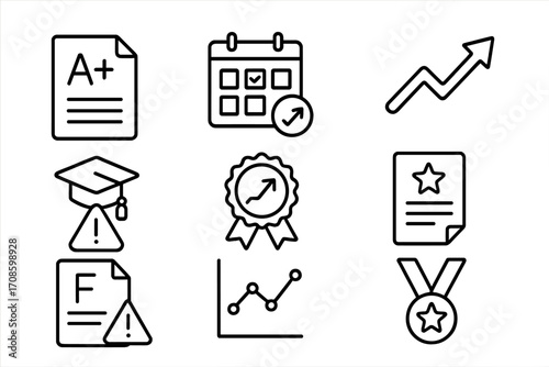 Academic Icons Collection. Line style icons of academic performance tracking: grades icon, attendance icon, progress arrow,