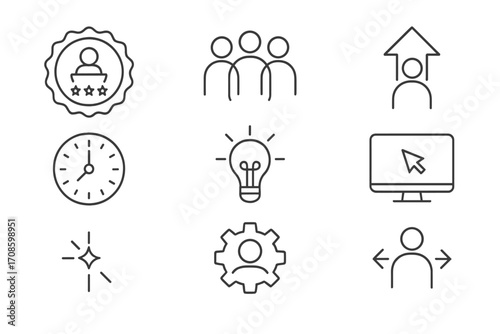 Skills Development Icons. Line style icons of professional skills development: public speaking badge, teamwork icon, leadership