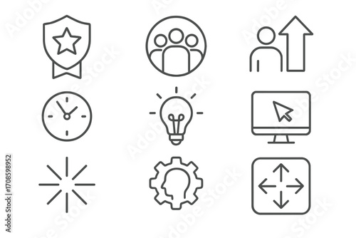 Skills Development Icons. Line style icons of professional skills development: public speaking badge, teamwork icon, leadership