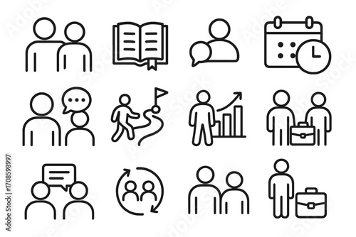 Mentorship Icon Set. Line style icons of mentorship programs: mentor-mentee icon, guidance book, scheduled calls, advice speech