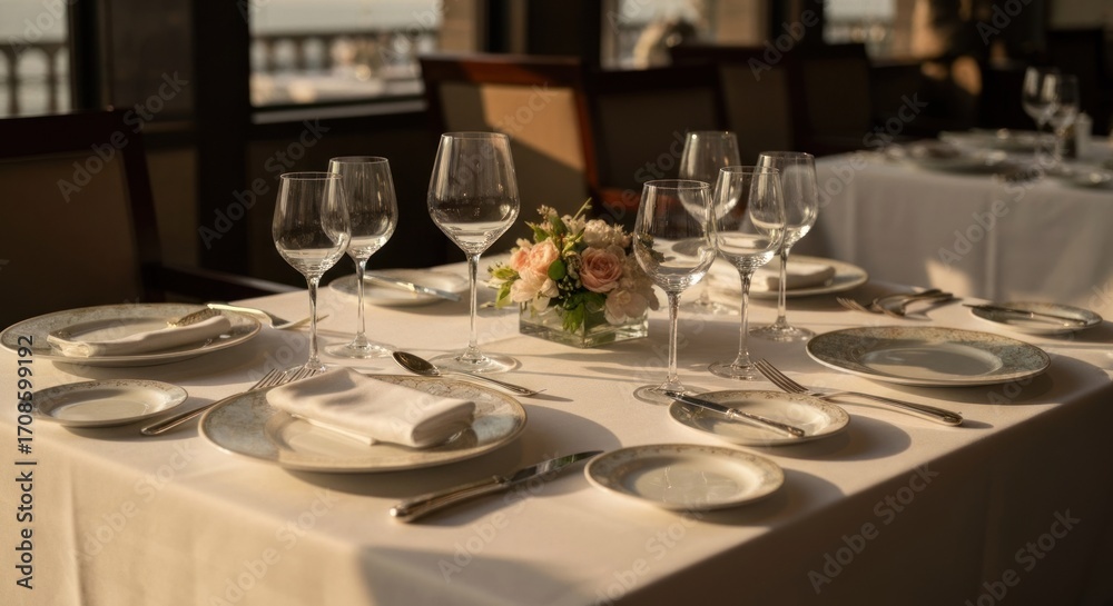 Fototapeta premium Formal dining table set, pristine white tablecloth, glassware, silverware, and a small floral arrangement in the center. Sunlight streams in