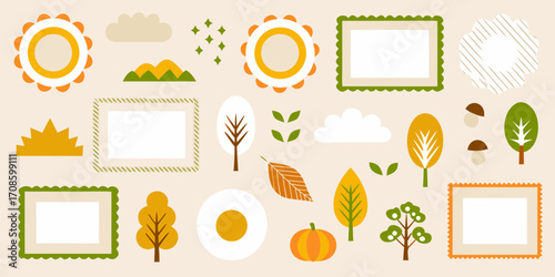 Collection of autumnal elements and decorative frames for seasonal designs