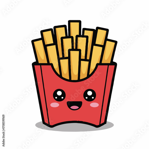 Vector art of adorable cartoon french fries with a cheerful expression, presented in a red container, ideal for childrens books and fast food themes