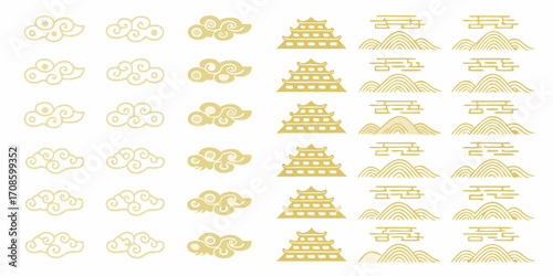 Collection of traditional east asian decorative elements featuring golden clouds pagodas and stylized mountains