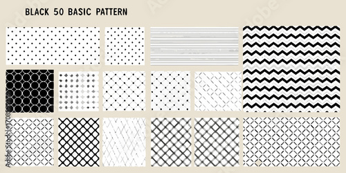 Collection of fifty black and white basic geometric patterns and textures for design