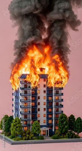 A model apartment building engulfed in flames and smoke