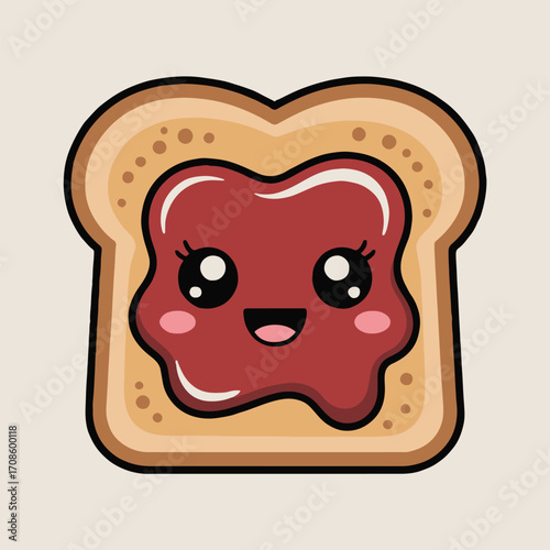 Vector art of a cheerful slice of kawaii toast, generously slathered with vibrant red jam, radiates warmth and happiness against a soft beige background, making it an irresistibly cute and appetizing 