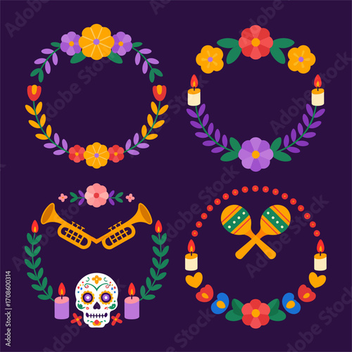 Day of the Dead frames, wreath badges with flowers, maracas crossed, ribbon banner, charming skull character