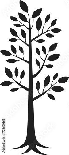 Simple vector art of a tall, stylized tree with detailed leaves and a sturdy trunk, symbolizing nature, growth, and environmental sustainability, isolated on white.