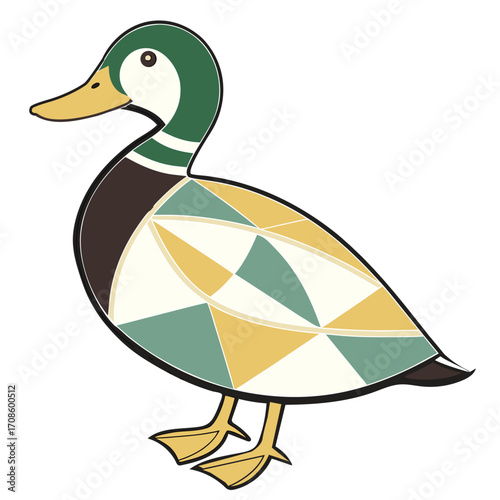 Geometric patterned mallard duck illustration on a white background bird stylized