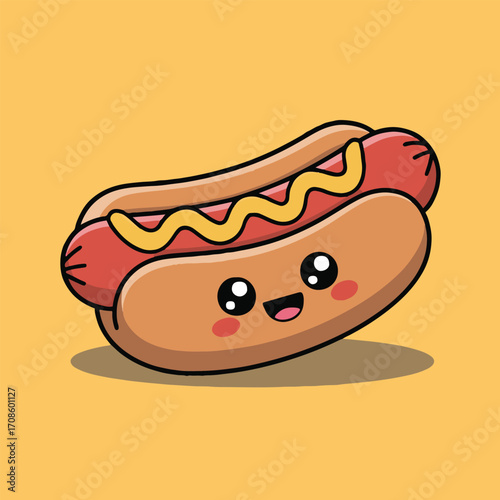 Vector art of a delightful cartoon illustration showcases a cute hotdog with a smiling face, complete with mustard, set against a warm yellow background, perfect for adding a touch of whimsy to any pr