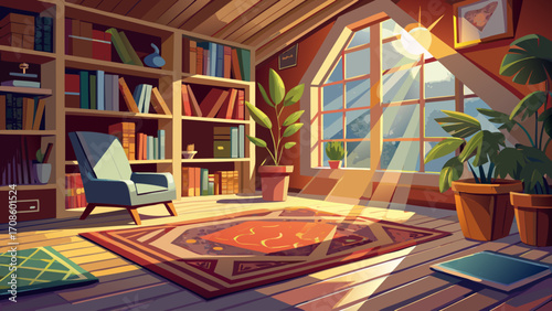 Tilted perspective of a cozy reading nook, sunlight streaming through angled windows, patterned rug partially visible, inviting curiosity and depth in a warm minimalist scene.