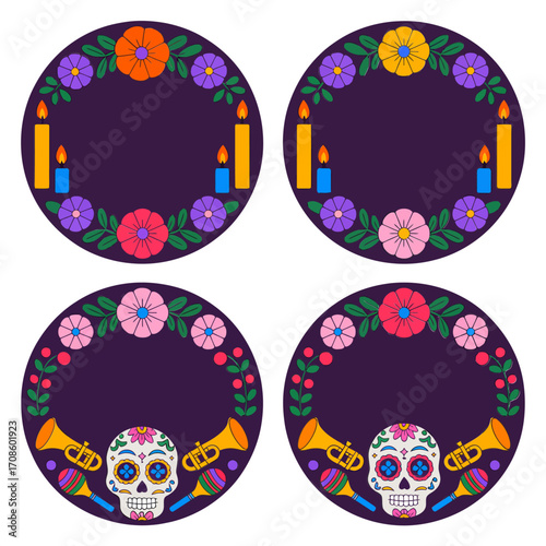 Day of the Dead round stickers, circular altar scenes, candles and skulls, marigold flowers, colorful printable vector set