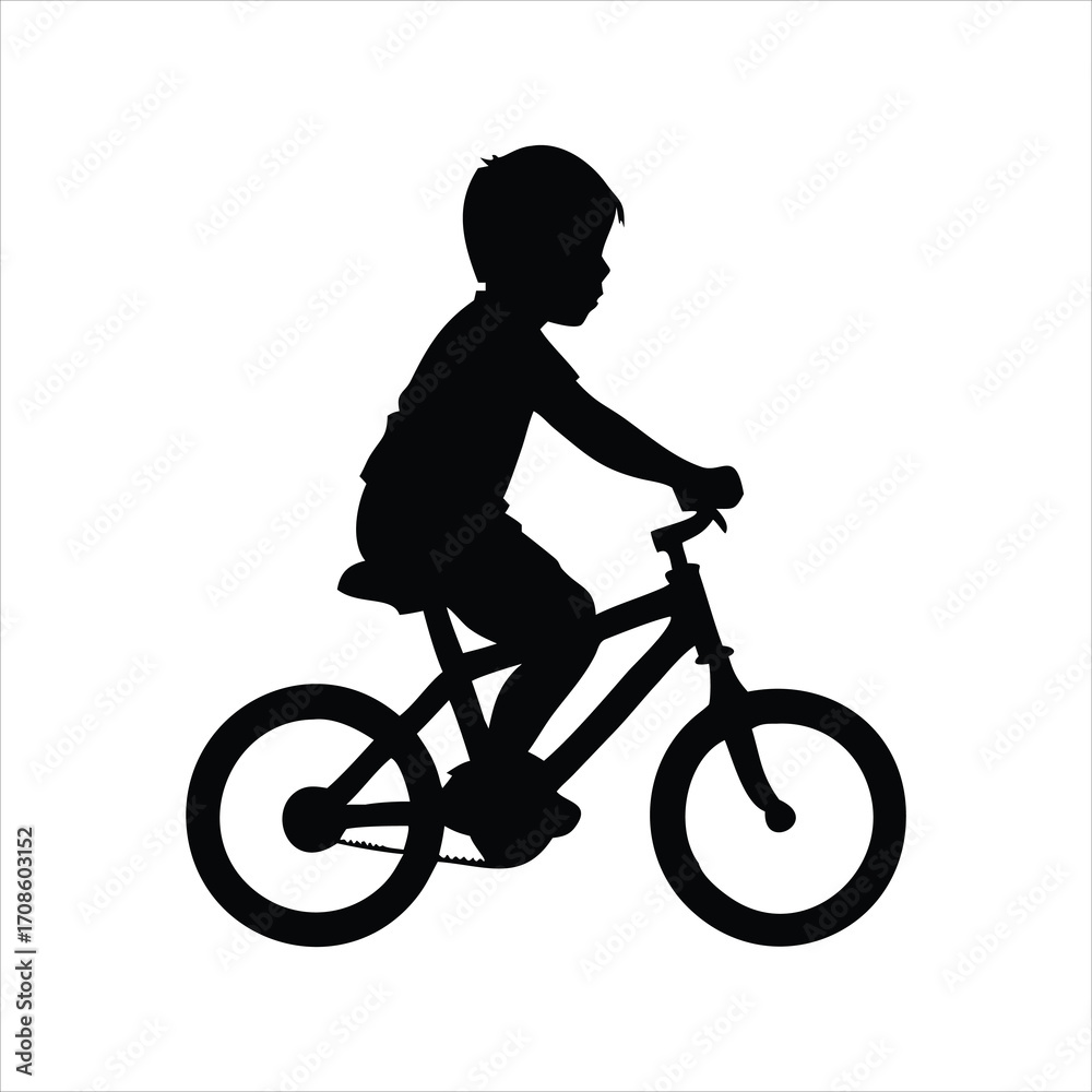 Naklejka premium Silhouette of a young boy riding a bicycle on a white background