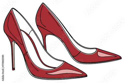  red patent leather pointed toe stiletto high heel pumps fashion illustration design and isolated on white background.