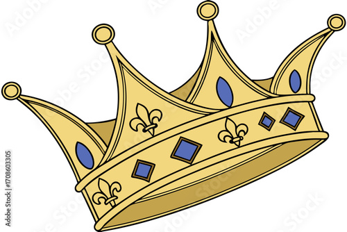 ornate golden royal crown with blue gemstones and decorative baroque details isolated on white background.