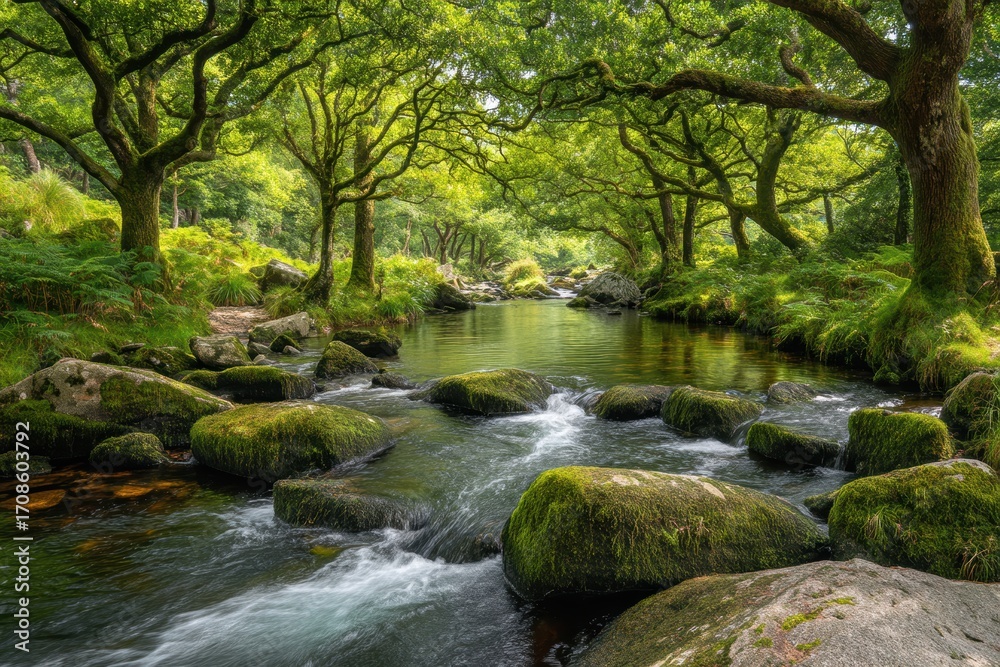 Fototapeta premium A tranquil forest stream flows over mossy rocks beneath a canopy of lush green trees, creating a serene and vibrant natural landscape