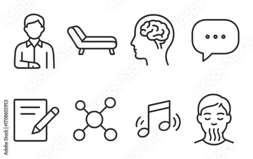 Mental health counseling icon set with brain, music, and communication symbols