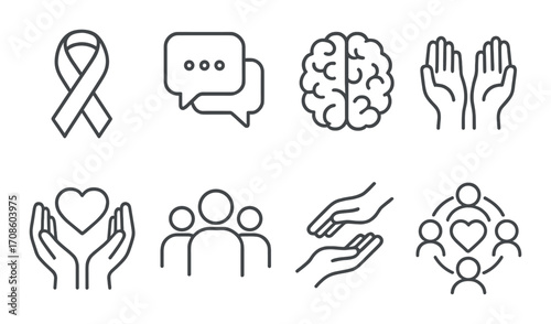 Mental health support icon set: brain, ribbon, chat, heart, community symbols