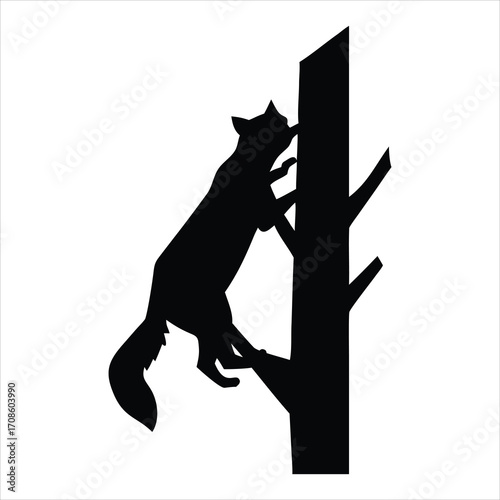 Silhouette of a raccoon climbing a tree trunk with branches
