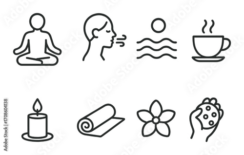 Icons of meditation and relaxation: yoga, breathing, warm drink, and more
