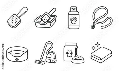 Pet care essentials icons: toys, grooming, feeding, cleaning, and bedding