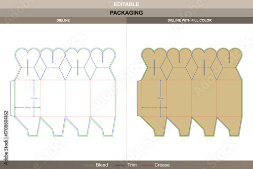 Christmas Eve gift box packaging dieline with polygonal button bottom style, editable carton design template for festive branding created using accurate die line