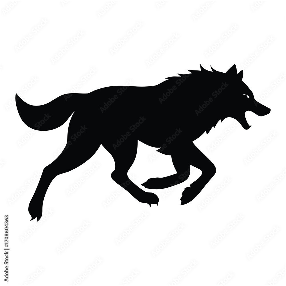 Naklejka premium Black silhouette of a running wolf with open mouth and sharp teeth