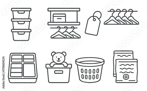 Home organization icons: storage bins, hangers, laundry basket, and shelves
