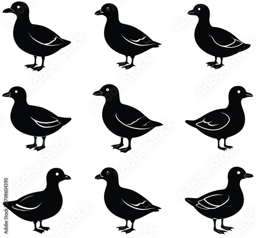 Nine Black Silhouette Icons of Ducks Standing in Profile Facing Left bird waterfowl