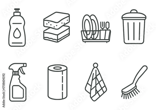 Cleaning essentials icons: bottles, sponges, trash bin, dish rack, spray, paper towel, towel, brush