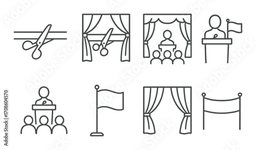 Set of minimalistic icons depicting public speaking and event symbols on grey background