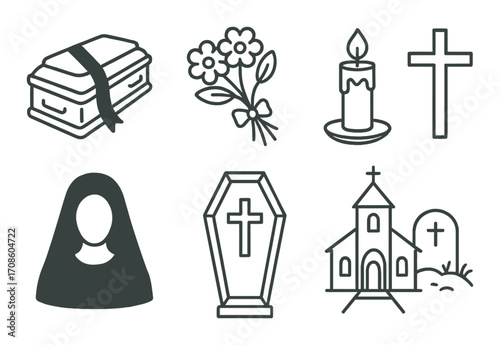 Funeral symbols: coffin, flowers, candle, cross, nun, church, grave
