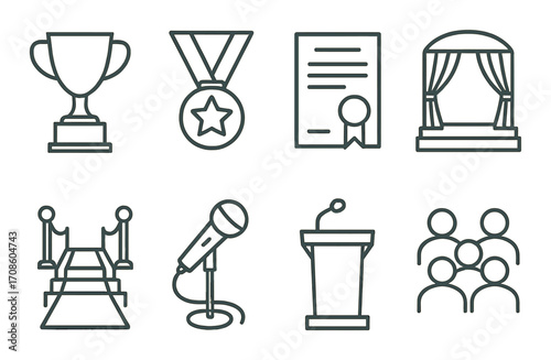Icons of achievement: trophy, medal, certificate, stage, microphone, podium, audience, red carpet