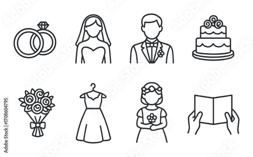 Wedding symbols: rings, bride, groom, cake, bouquet, dress, flower girl, vows icons