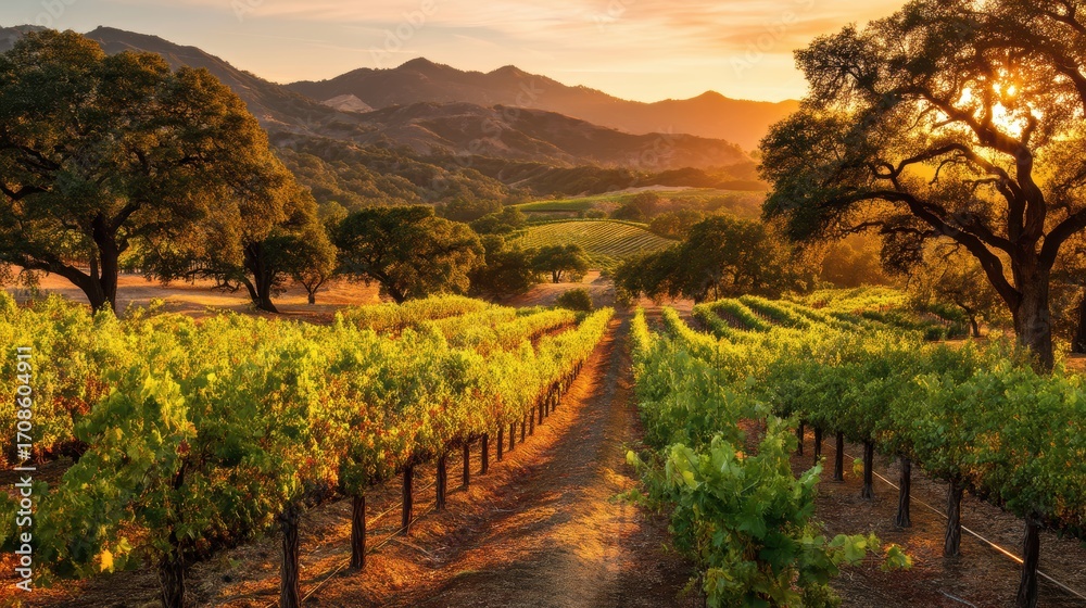 Naklejka premium Vineyard rows stretch under golden sunlight, framed by large trees and rolling hills with mountains in the background at sunset