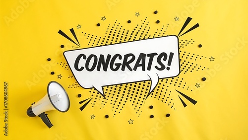Megaphone announcing congrats in a speech bubble with halftone dots on a yellow background, conveying excitement and good news