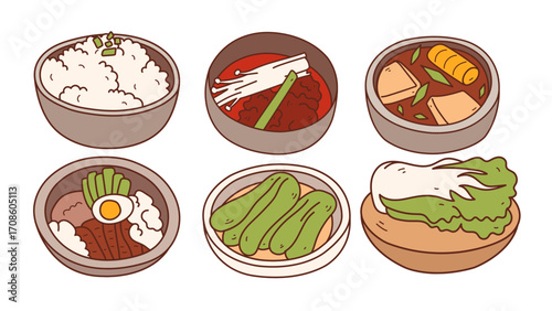 Vibrant Korean food illustration set featuring rice, kimchi, stew, and fresh vegetables for culinary projects