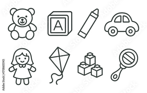 Collection of simple children's toy icons on brown background
