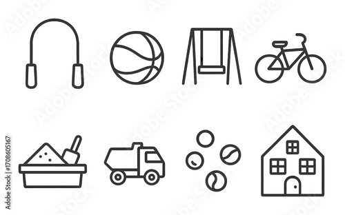 Outdoor activities icons: jump rope, basketball, swing, bicycle, sandbox, truck, balls, house