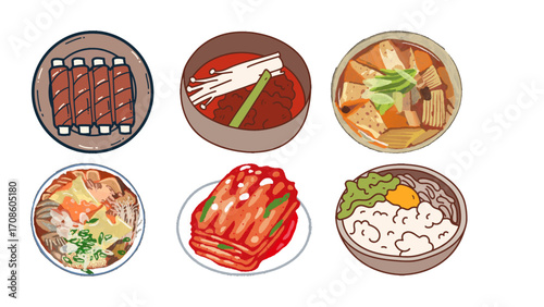 Vibrant Korean food illustrations showcase delicious dishes like ribs, kimchi, stew, and rice bowls
