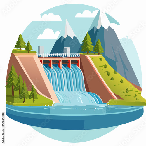 Vector illustration of a dam with water flowing and mountains in the background, fly into the scene, flying in nature